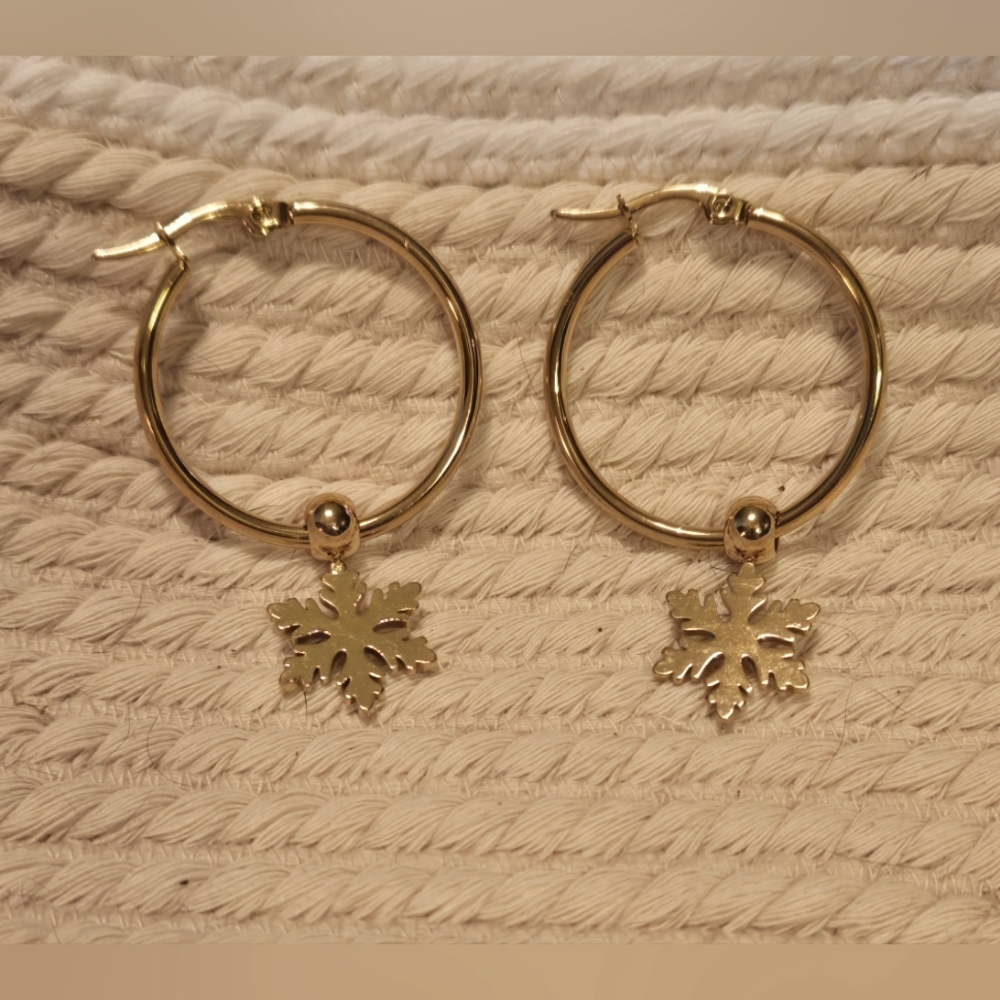 Holiday winter Gold Hoop with Snowflake Earrings